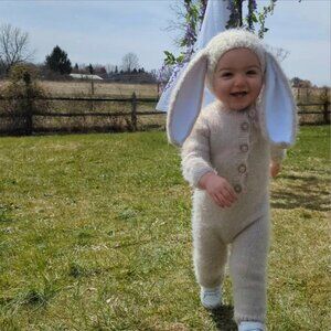 Sitter Bunny Handmade Knit Footless Romper and Bonnet Set, Ready to ship